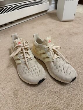 adidas Women's Ultraboost 1.0 Cream Knit Running Shoes with Coral Logo